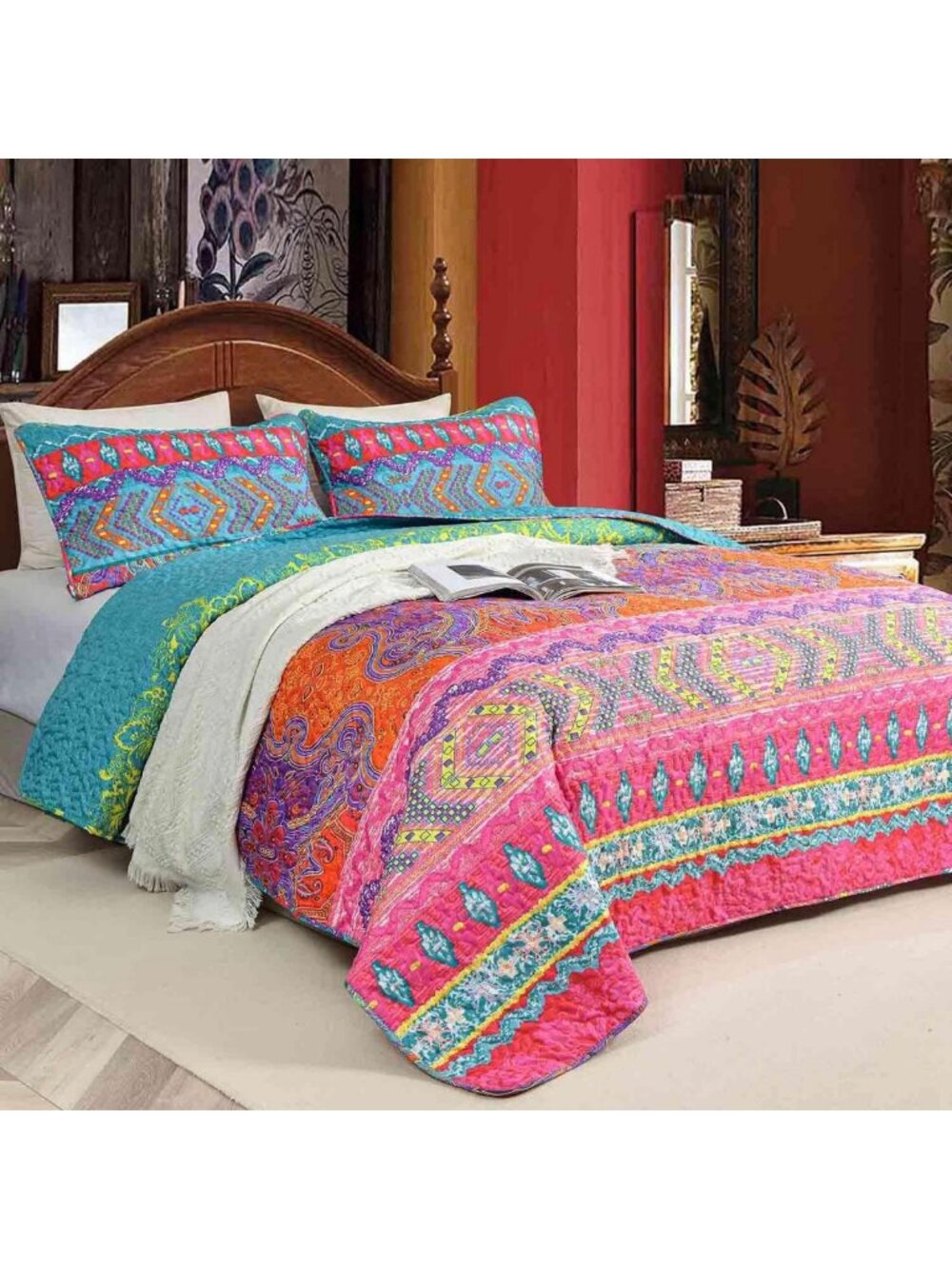 Bohemian King Quilt Set 3 Pcs - Colorful Vintage Striped Bedspread, Soft